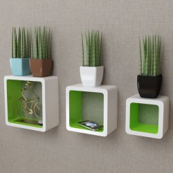 3er Set MDF Wandregal Hängeregal Cube Regal für Bücher/DVD, weiß-grün