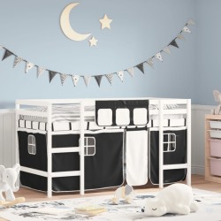 vidaXL Kinderhochbett mit Vorhängen Weiß Schwarz 90x200 cm Kiefernholz