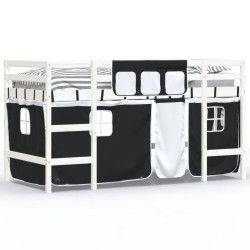 vidaXL Kinderhochbett mit Vorhängen Weiß Schwarz 90x200 cm Kiefernholz