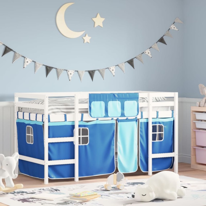 vidaXL Kinderhochbett mit Vorhängen Blau 90x200 cm Massivholz Kiefer vidaXL Kinderhochbett mit Vorhängen Blau 90x200 cm Massivholz Kiefer