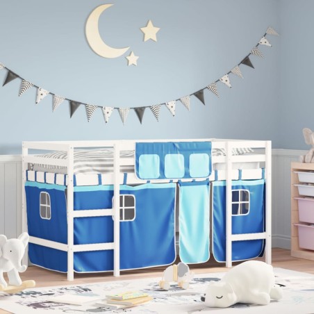 vidaXL Kinderhochbett mit Vorhängen Blau 90x200 cm Massivholz Kiefer