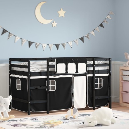 vidaXL Kinderhochbett mit Vorhängen Weiß Schwarz 90x200cm Kiefernholz