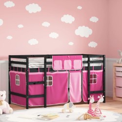vidaXL Kinderhochbett mit Vorhängen Rosa 90x200 cm Massivholz Kiefer