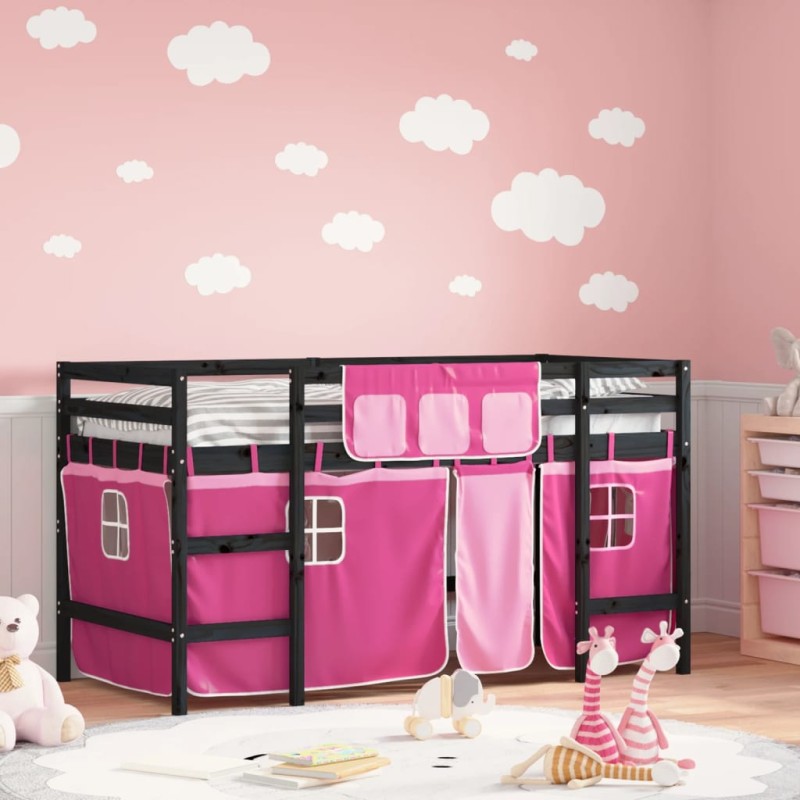 vidaXL Kinderhochbett mit Vorhängen Rosa 90x200 cm Massivholz Kiefer vidaXL Kinderhochbett mit Vorhängen Rosa 90x200 cm Massivholz Kiefer
