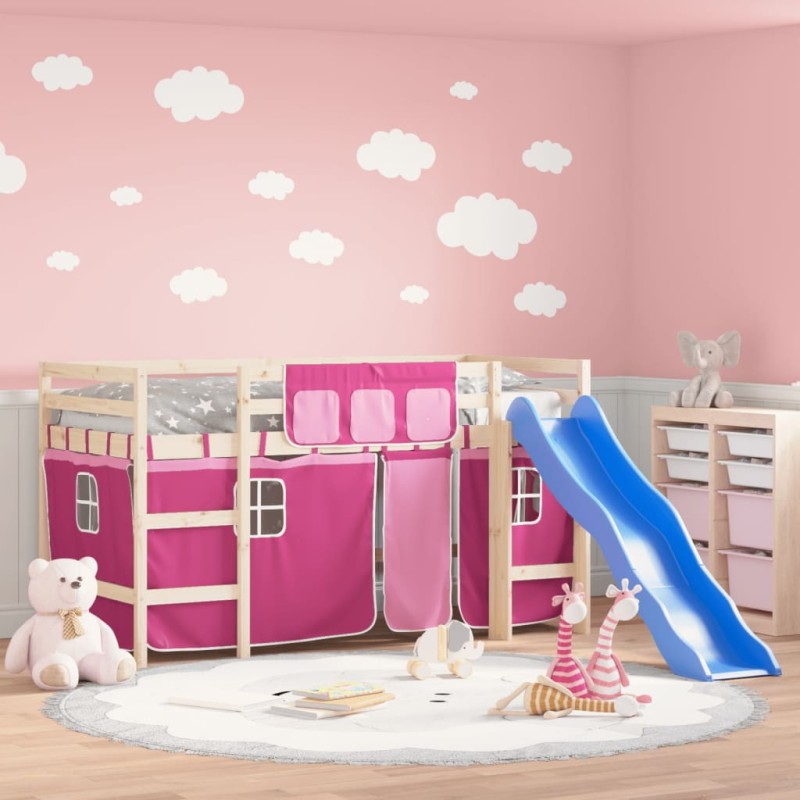vidaXL Kinderhochbett mit Vorhängen Rosa 80x200 cm Massivholz Kiefer vidaXL Kinderhochbett mit Vorhängen Rosa 80x200 cm Massivholz Kiefer