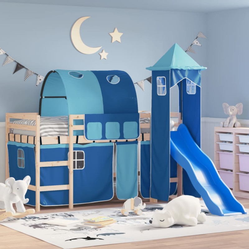 vidaXL Kinderhochbett mit Turm Blau 90x200 cm Massivholz Kiefer vidaXL Kinderhochbett mit Turm Blau 90x200 cm Massivholz Kiefer