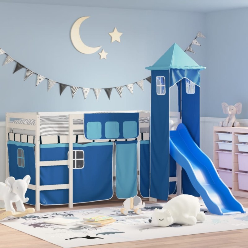 vidaXL Kinderhochbett mit Turm Blau 90x190 cm Massivholz Kiefer vidaXL Kinderhochbett mit Turm Blau 90x190 cm Massivholz Kiefer