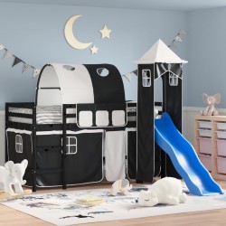 vidaXL Kinderhochbett mit Turm Weiß & Schwarz 90x190 cm Kiefernholz