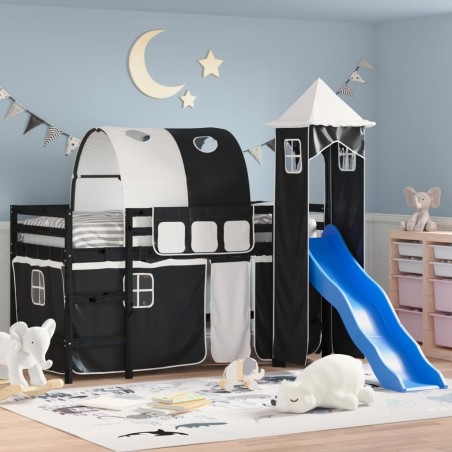 vidaXL Kinderhochbett mit Turm Weiß & Schwarz 90x190 cm Kiefernholz