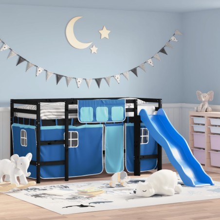 vidaXL Kinderhochbett mit Vorhängen Blau 80x200 cm Massivholz Kiefer