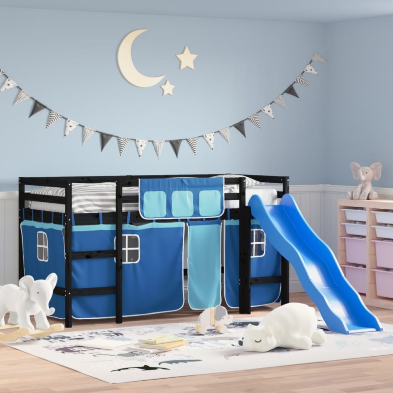 vidaXL Kinderhochbett mit Vorhängen Blau 90x200 cm Massivholz Kiefer vidaXL Kinderhochbett mit Vorhängen Blau 90x200 cm Massivholz Kiefer