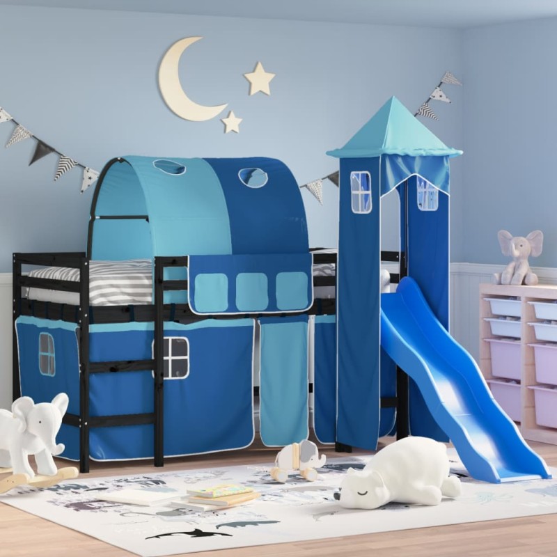 vidaXL Kinderhochbett mit Turm Blau 90x190 cm Massivholz Kiefer vidaXL Kinderhochbett mit Turm Blau 90x190 cm Massivholz Kiefer