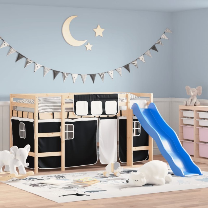 vidaXL Kinderhochbett mit Vorhängen Weiß Schwarz 90x190 cm Kiefernholz vidaXL Kinderhochbett mit Vorhängen Weiß Schwarz 90x190 cm Kiefernholz
