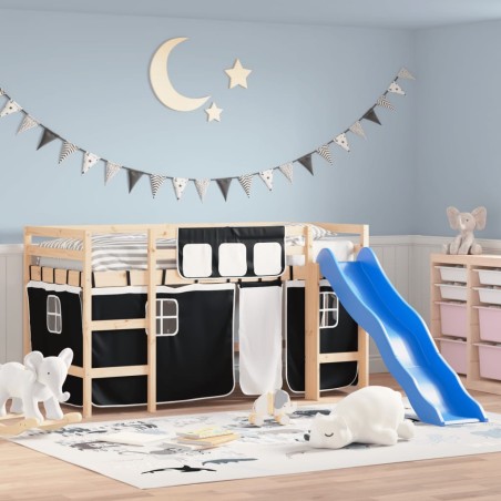 vidaXL Kinderhochbett mit Vorhängen Weiß Schwarz 90x190 cm Kiefernholz