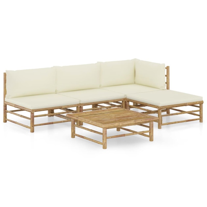 5-tlg. Garten-Lounge-Set mit Cremeweißen Kissen Bambus 5-tlg. Garten-Lounge-Set mit Cremeweißen Kissen Bambus