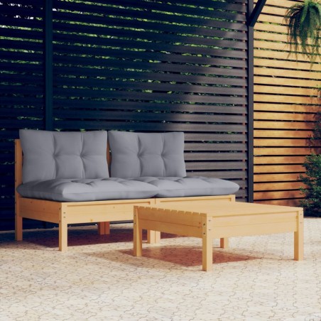 vidaXL 3-tlg. Garten-Lounge-Set mit Grauen Kissen Kiefernholz