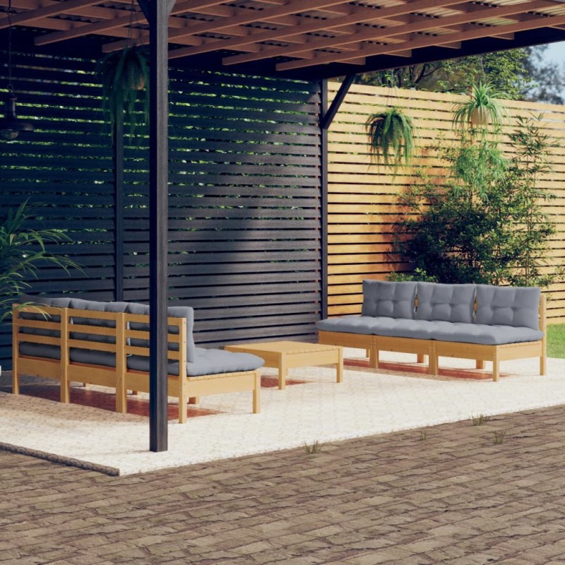 vidaXL 7-tlg. Garten-Lounge-Set mit Grauen Kissen Kiefernholz vidaXL 7-tlg. Garten-Lounge-Set mit Grauen Kissen Kiefernholz