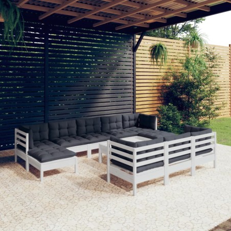 vidaXL 11-tlg. Garten-Lounge-Set mit Kissen Weiß Kiefer Massivholz