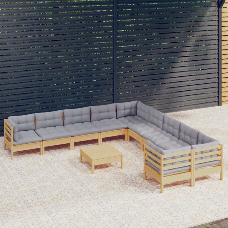 vidaXL 11-tlg. Garten-Lounge-Set mit Grauen Kissen Kiefernholz vidaXL 11-tlg. Garten-Lounge-Set mit Grauen Kissen Kiefernholz
