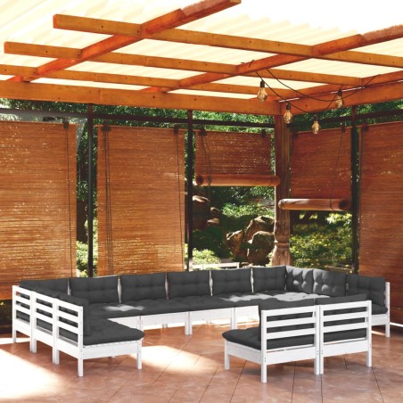 vidaXL 12-tlg. Garten-Lounge-Set mit Kissen Weiß Kiefer Massivholz