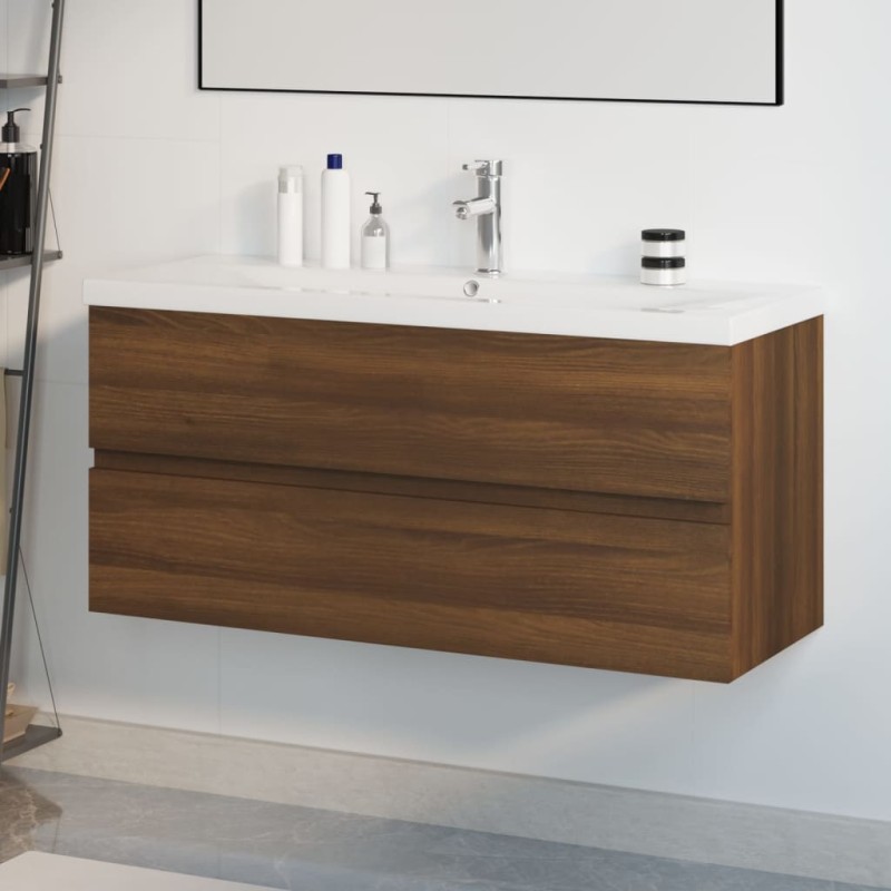 vidaXL Waschbeckenschrank mit Einbaubecken Braun Eiche Holzwerkstoff vidaXL Waschbeckenschrank mit Einbaubecken Braun Eiche Holzwerkstoff