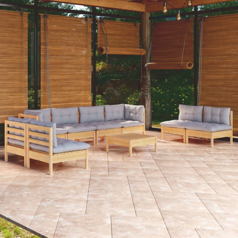 vidaXL 9-tlg. Garten-Lounge-Set mit Grauen Kissen Kiefer Massivholz vidaXL 9-tlg. Garten-Lounge-Set mit Grauen Kissen Kiefer Massivholz