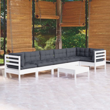 vidaXL 7-tlg. Garten-Lounge-Set mit Kissen Weiß Kiefernholz