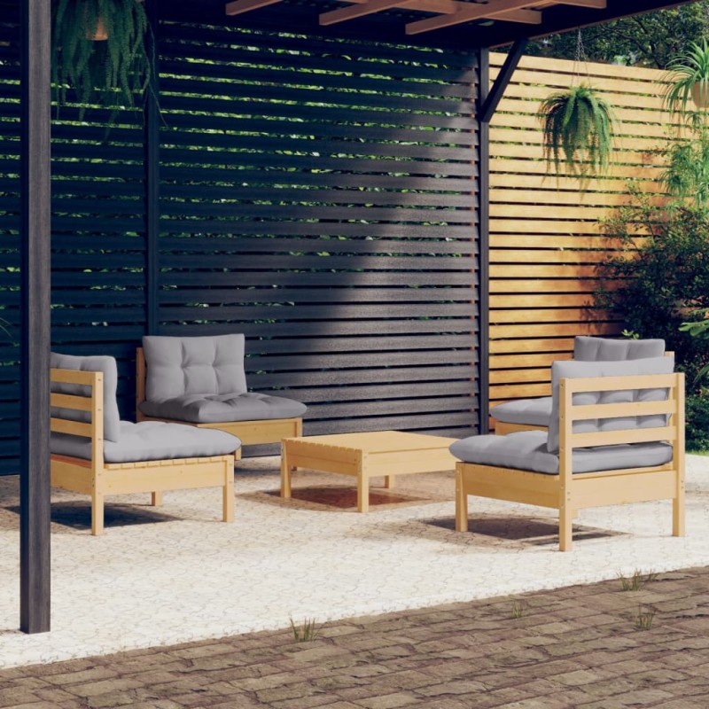 vidaXL 5-tlg. Garten-Lounge-Set mit Grauen Kissen Kiefernholz vidaXL 5-tlg. Garten-Lounge-Set mit Grauen Kissen Kiefernholz