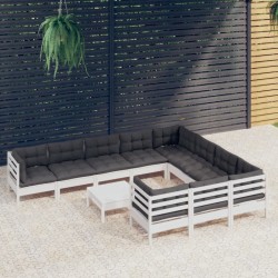 vidaXL 11-tlg. Garten-Lounge-Set mit Kissen Weiß Kiefernholz