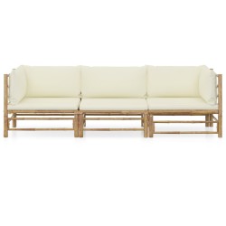 3-tlg. Garten-Lounge-Set mit Cremeweißen Kissen Bambus
