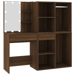 vidaXL LED-Schminktisch mit Schränken Braun Eichen-Optik Holzwerkstoff