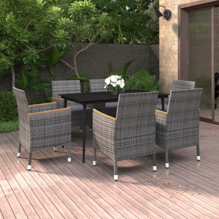 vidaXL 7-tlg. Garten-Essgruppe mit Auflagen Poly Rattan und Glas