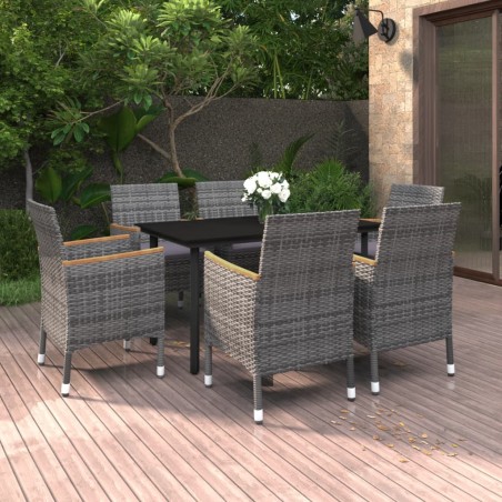 vidaXL 7-tlg. Garten-Essgruppe mit Auflagen Poly Rattan und Glas