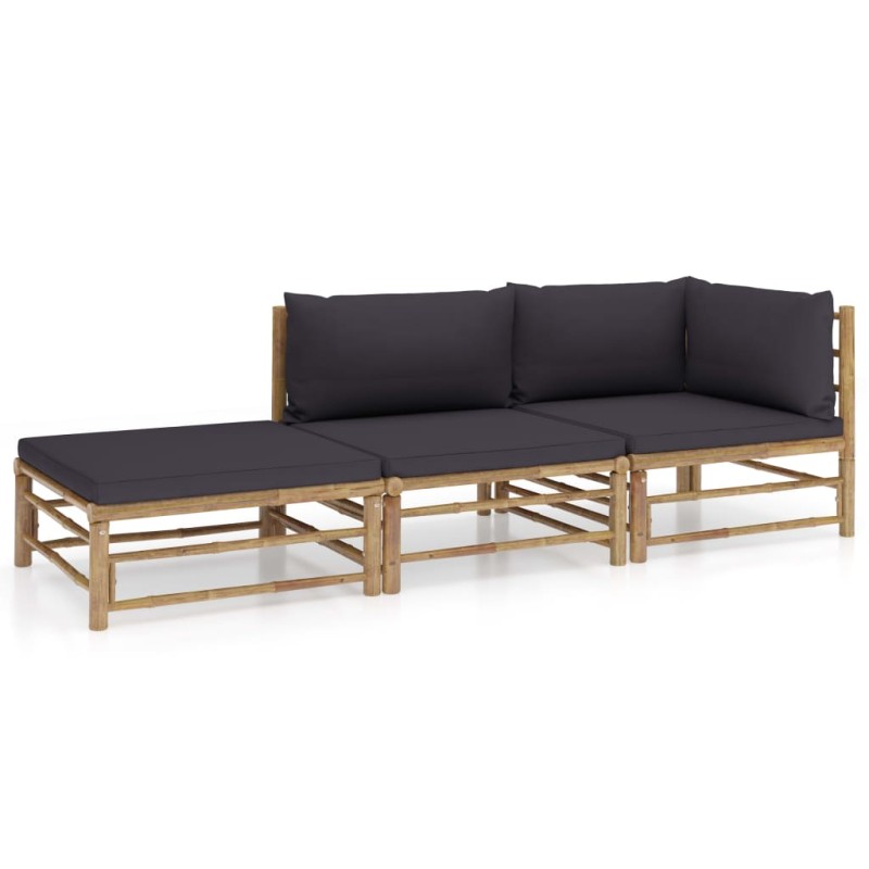 3-tlg. Garten-Lounge-Set mit Dunkelgrauen Kissen Bambus 3-tlg. Garten-Lounge-Set mit Dunkelgrauen Kissen Bambus