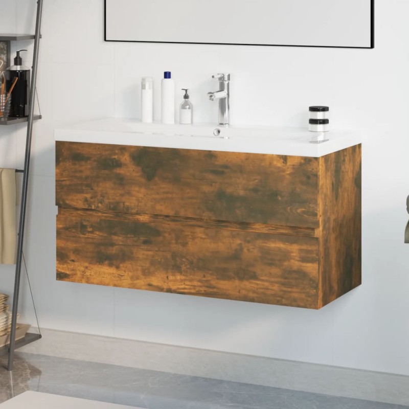 vidaXL Waschbeckenschrank mit Einbaubecken Räuchereiche Holzwerkstoff vidaXL Waschbeckenschrank mit Einbaubecken Räuchereiche Holzwerkstoff