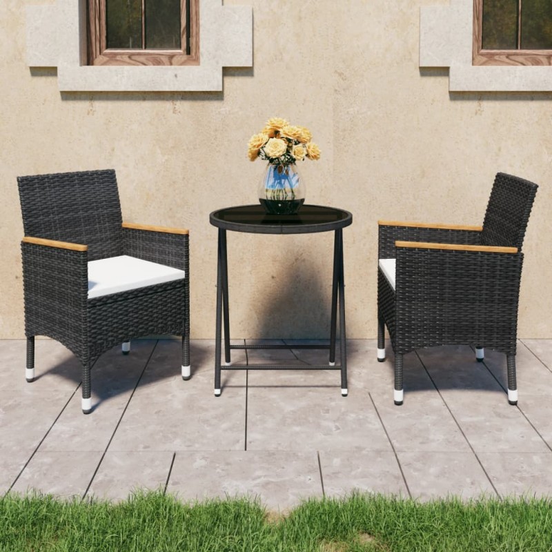 3-tlg. Bistro-Set Poly Rattan und Hartglas Schwarz 3-tlg. Bistro-Set Poly Rattan und Hartglas Schwarz