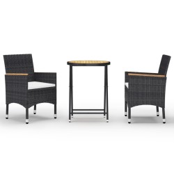3-tlg. Bistro-Set Poly Rattan und Akazienholz Schwarz