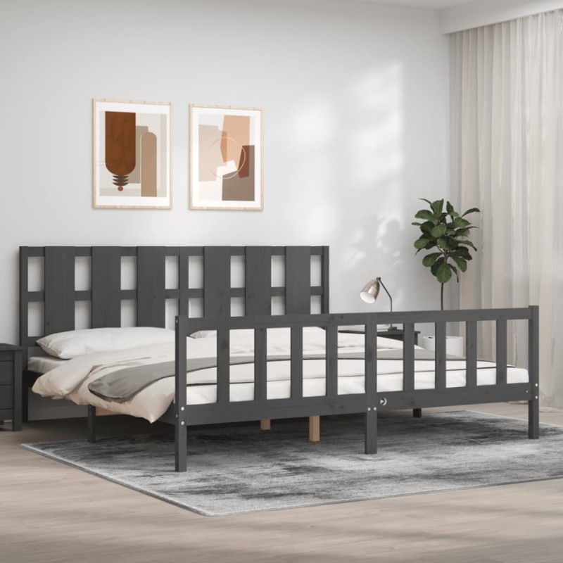Bettgestell mit Kopfteil Grau 180x200 cm Massivholz Bettgestell mit Kopfteil Grau 180x200 cm Massivholz