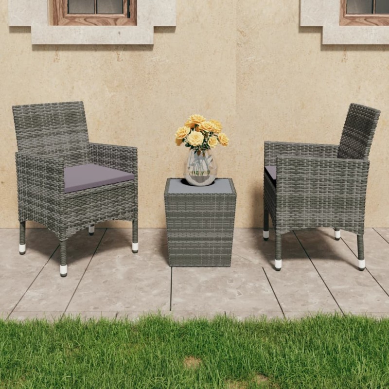 3-tlg. Bistro-Set Poly Rattan und Hartglas Grau 3-tlg. Bistro-Set Poly Rattan und Hartglas Grau