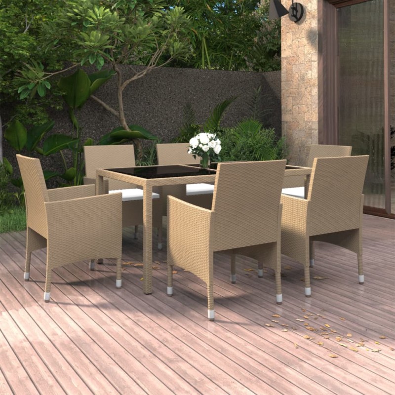 7-tlg. Garten-Essgruppe Poly Rattan und Hartglas Beige 7-tlg. Garten-Essgruppe Poly Rattan und Hartglas Beige