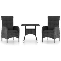 3-tlg. Garten-Essgruppe Poly Rattan und Glas Schwarz