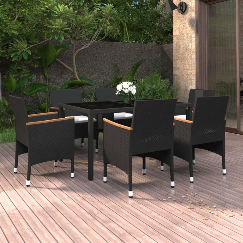 7-tlg. Garten-Essgruppe Poly Rattan und Hartglas Schwarz 7-tlg. Garten-Essgruppe Poly Rattan und Hartglas Schwarz