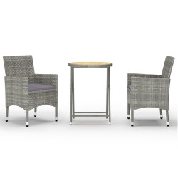 3-tlg. Bistro-Set Poly Rattan und Akazienholz Grau