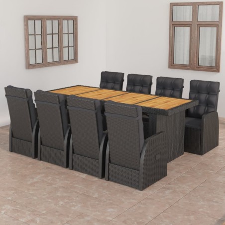 9-tlg. Garten-Essgruppe mit Auflagen Poly Rattan Schwarz