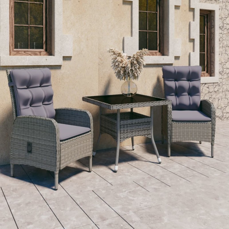 3-tlg. Garten-Essgruppe Poly Rattan und Glas Grau 3-tlg. Garten-Essgruppe Poly Rattan und Glas Grau