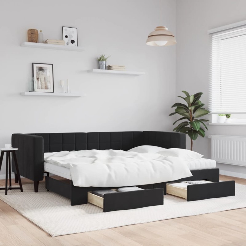 vidaXL Tagesbett Ausziehbar mit Schubladen Schwarz 90x190 cm Samt vidaXL Tagesbett Ausziehbar mit Schubladen Schwarz 90x190 cm Samt