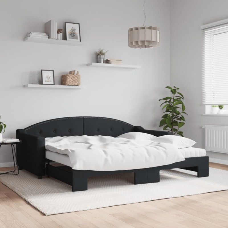 vidaXL Tagesbett Ausziehbar mit Matratzen Schwarz 90x190 cm Stoff vidaXL Tagesbett Ausziehbar mit Matratzen Schwarz 90x190 cm Stoff