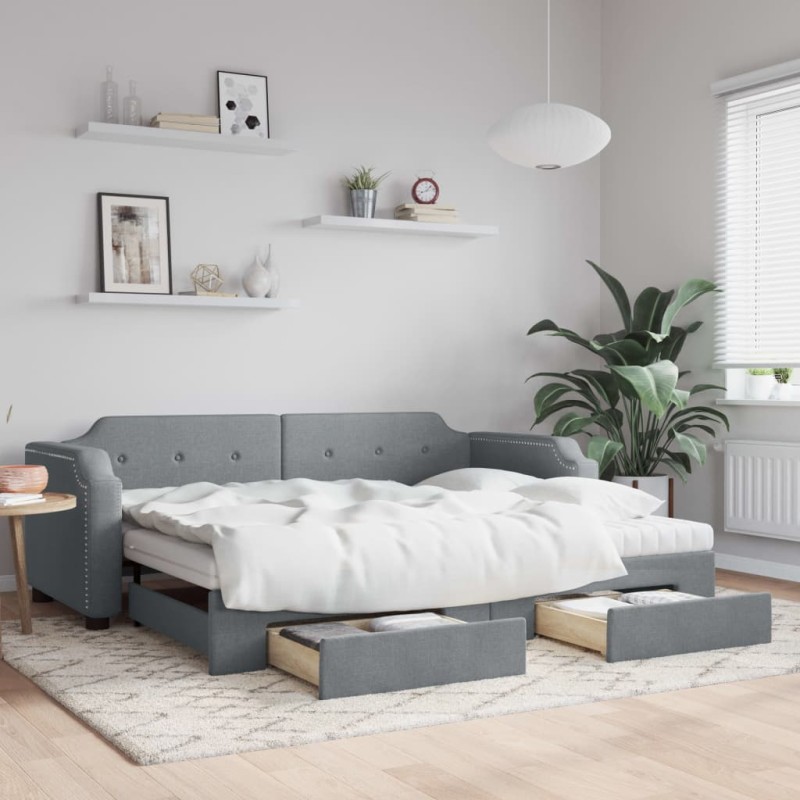 vidaXL Tagesbett Ausziehbar mit Schubladen Hellgrau 90x190 cm Stoff vidaXL Tagesbett Ausziehbar mit Schubladen Hellgrau 90x190 cm Stoff
