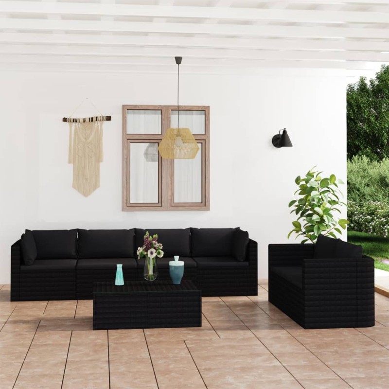 7-tlg. Garten-Lounge-Set mit Kissen Poly Rattan Schwarz 7-tlg. Garten-Lounge-Set mit Kissen Poly Rattan Schwarz