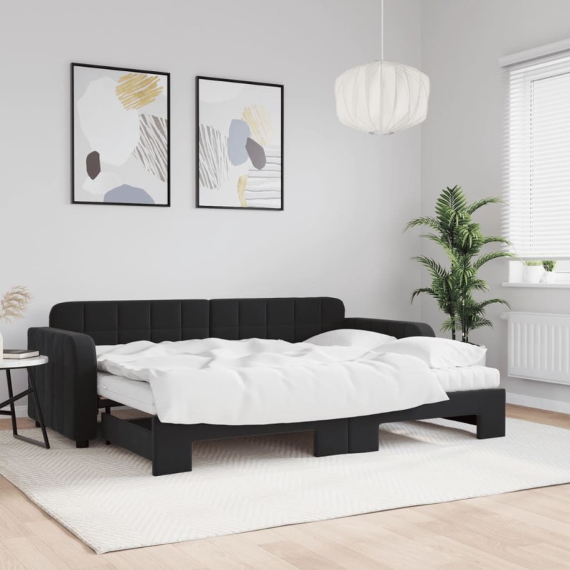 vidaXL Tagesbett Ausziehbar mit Matratzen Schwarz 80x200 cm Samt vidaXL Tagesbett Ausziehbar mit Matratzen Schwarz 80x200 cm Samt